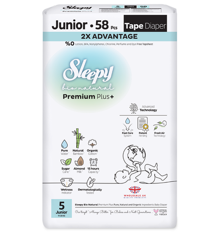 Sleepy Baby Nappies Size 5 Junior 11–20kg 1 x 58pcs Sleepy Bio Natural – soft eco-friendly baby diapers product image
