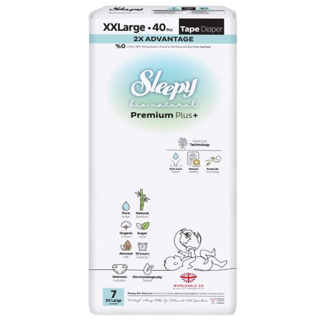 Sleepy Baby Nappies Size 7 – XX Large 20-30kg 1 x 40pcs, Sleepy Bio Natural