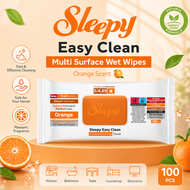 SLEEPY Easy Clean Orange Scented Multi Surface Cleaning Wipes – (6 Packs x 100 Wipes)