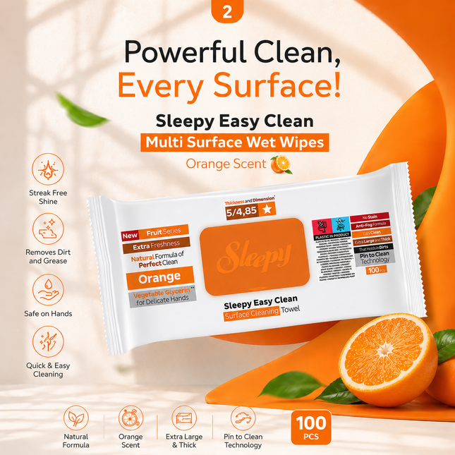 SLEEPY Easy Clean Orange Scented Multi Surface Cleaning Wipes – (6 Packs x 100 Wipes)