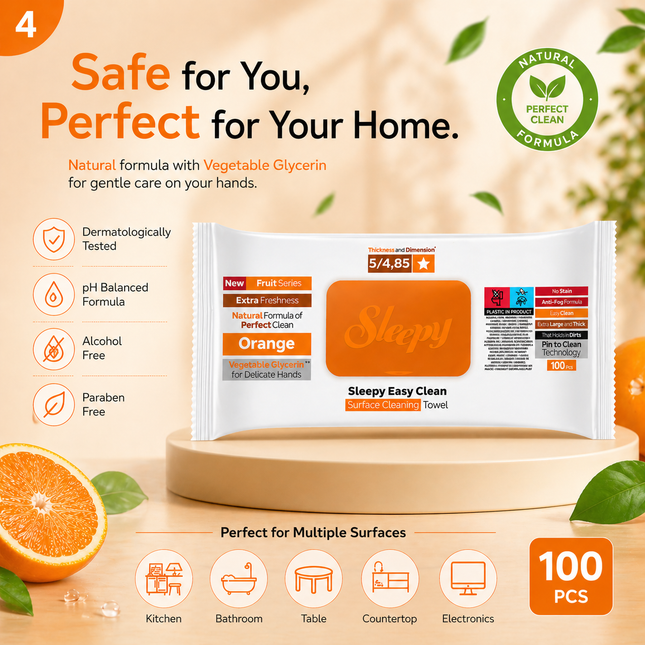 SLEEPY Easy Clean Orange Scented Multi Surface Cleaning Wipes – (6 Packs x 100 Wipes)