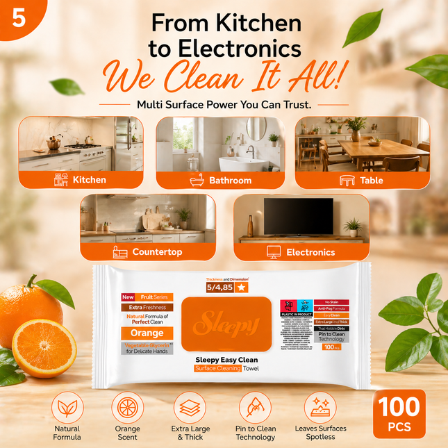 SLEEPY Easy Clean Orange Scented Multi Surface Cleaning Wipes – (6 Packs x 100 Wipes)