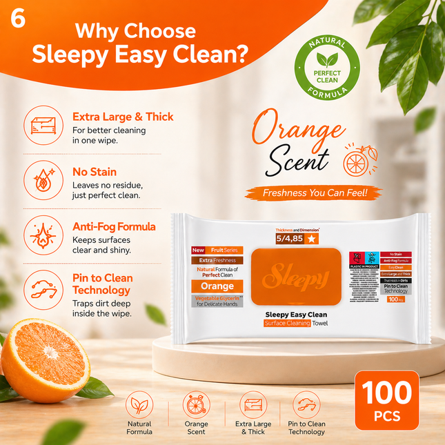 SLEEPY Easy Clean Orange Scented Multi Surface Cleaning Wipes – (6 Packs x 100 Wipes)