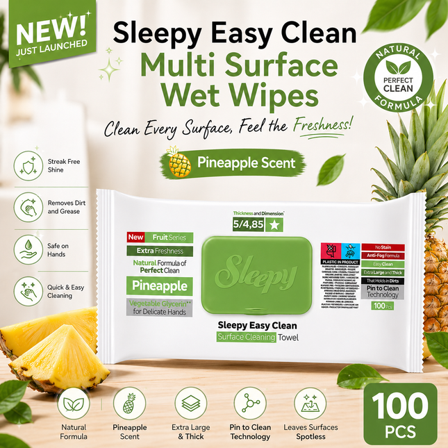 SLEEPY Easy Clean Pineapple Scented Multi Surface Cleaning Wipes – (6 Packs x 100 Wipes)