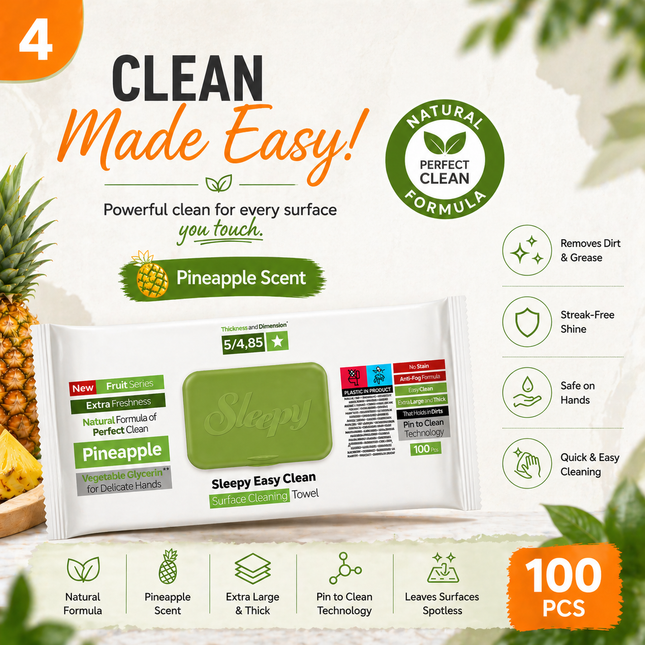 SLEEPY Easy Clean Pineapple Scented Multi Surface Cleaning Wipes – (6 Packs x 100 Wipes)
