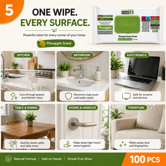 SLEEPY Easy Clean Pineapple Scented Multi Surface Cleaning Wipes – (6 Packs x 100 Wipes)