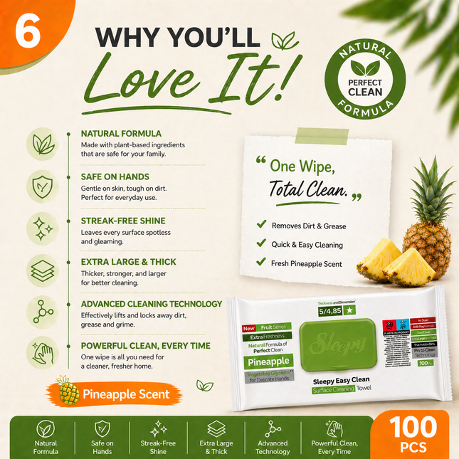 SLEEPY Easy Clean Pineapple Scented Multi Surface Cleaning Wipes – (6 Packs x 100 Wipes)