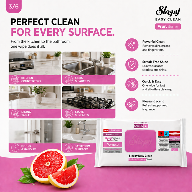 SLEEPY Easy Clean Pomelo Scented Multi Surface Cleaning Wipes – (6 Packs x 100 Wipes)