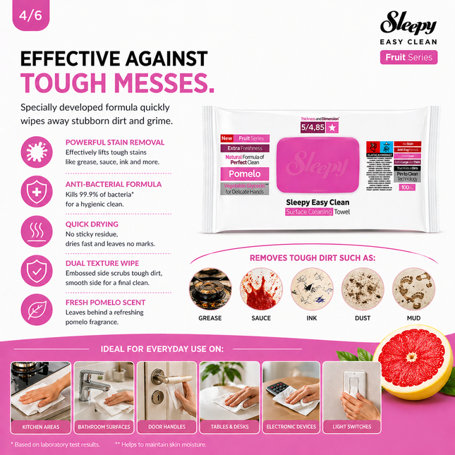 SLEEPY Easy Clean Pomelo Scented Multi Surface Cleaning Wipes – (6 Packs x 100 Wipes)