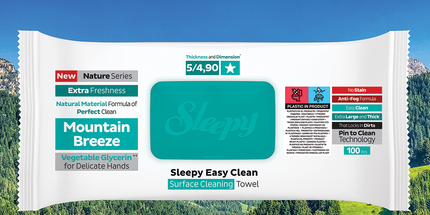 Sleepy Easy Clean Mountain Breeze multi-surface cleaning wipes pack opened — UK wholesale household range