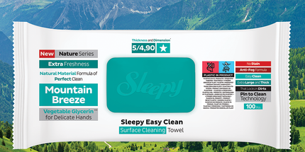 Sleepy Easy Clean Mountain Breeze multi-surface cleaning wipes pack detail — UK wholesale 6 x 100 pcs case