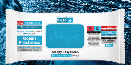 Sleepy Easy Clean Ocean Freshness multi-surface cleaning wipes pack detail — UK wholesale 6 x 100 pcs