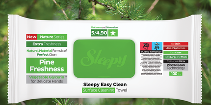 Sleepy Easy Clean Pine Freshness multi-surface cleaning wipes pack opened — UK wholesale household range