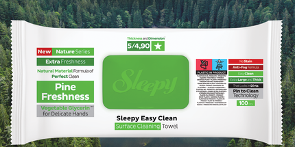 Sleepy Easy Clean Pine Freshness multi-surface cleaning wipes pack detail — UK wholesale 6 x 100 pcs
